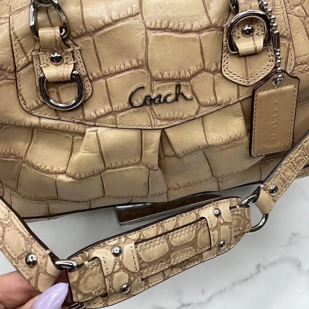 RARE COACH ASHLEY SATCHEL FAUX CROC TAN CAMEL HAND SHOULDER BAG FALL RETIRED GUC